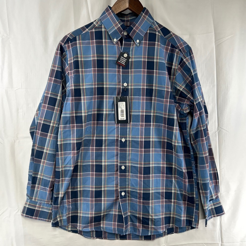 Roundtree & Yorke Button Down Shirt Mens Small Blue Plaid Untucked Fit NWT